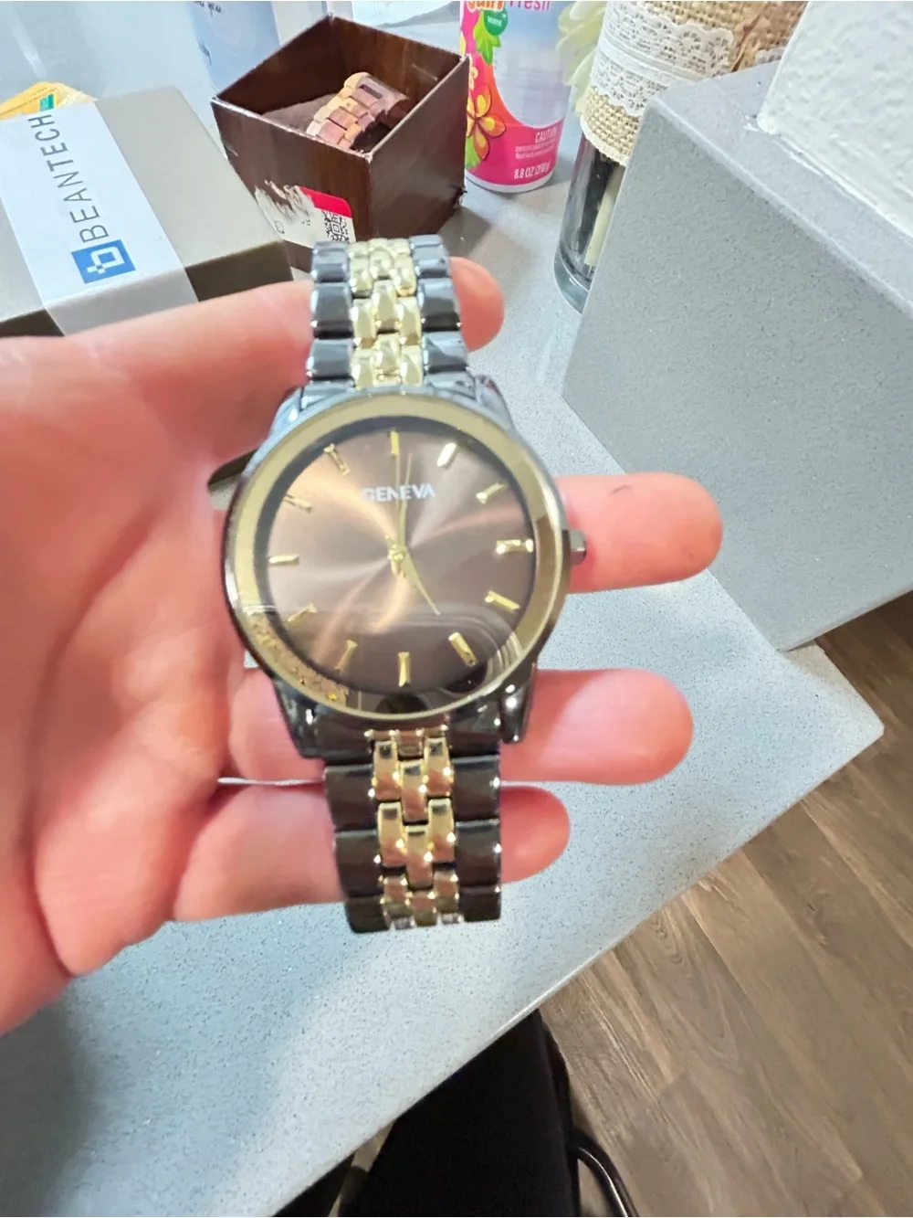 Geneva Men’s Two-Tone Silver and Gold Bracelet Brown Dial Watch